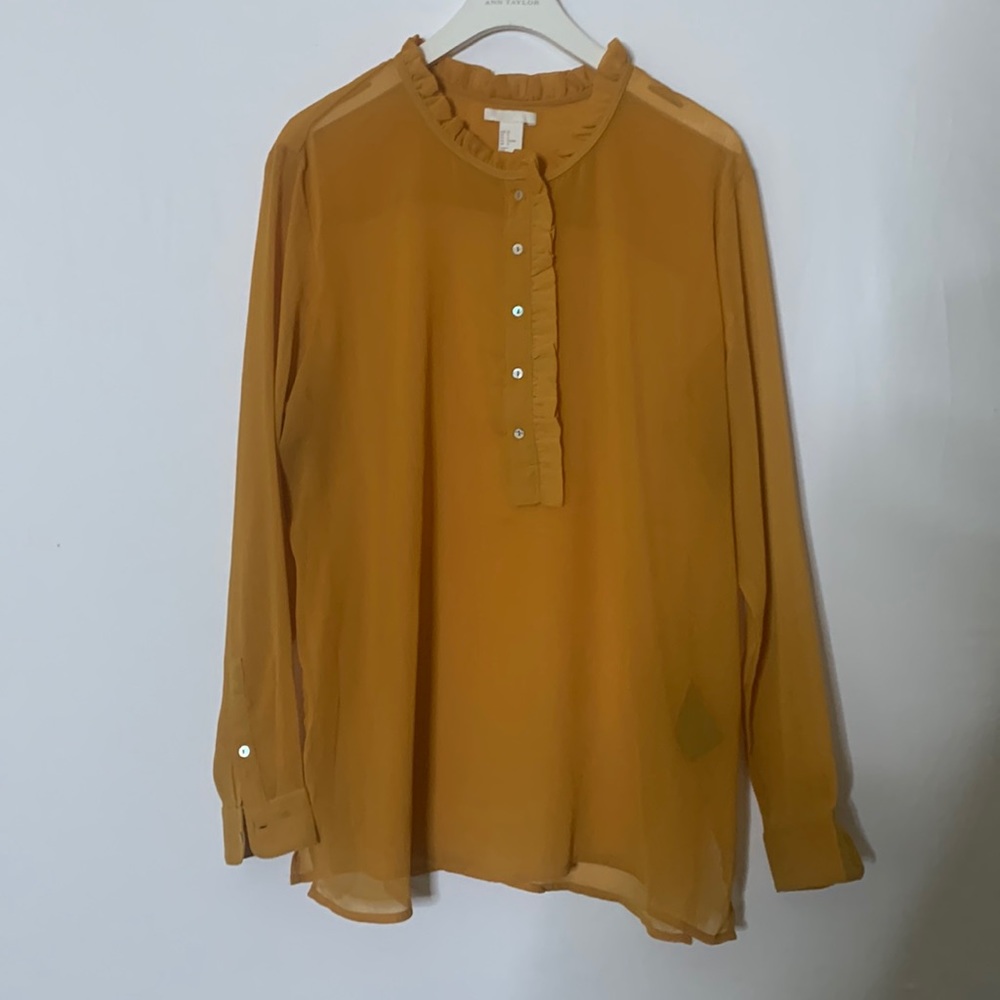 H&M Blouse Mustard Yellow See-Through Ruffle Neck Size 12